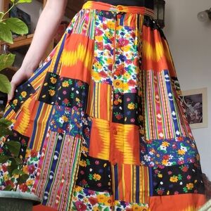 Vintage Multicolor Stripes & Floral Patchwork 70s Midi Skirt - Size Xs-S